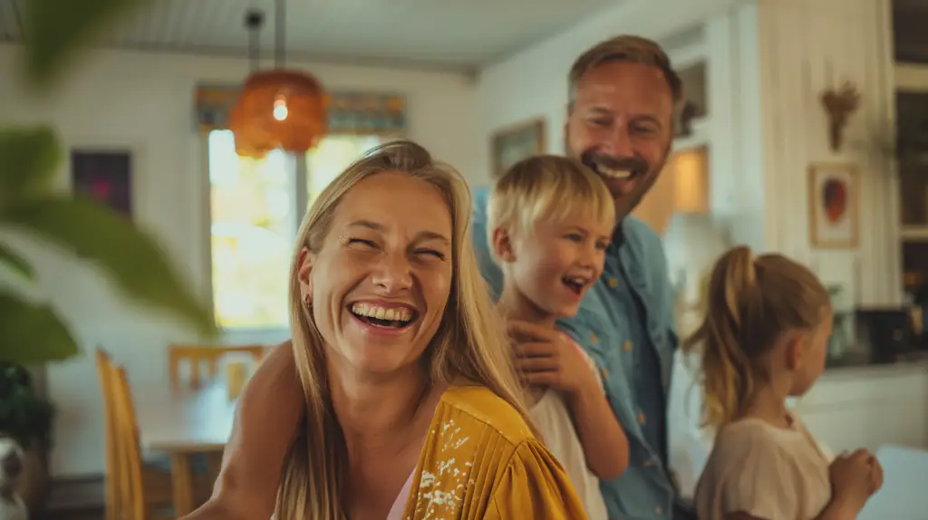 En glad familj på fyra i ett ljust, mysigt kök som solar sig i besparingarna från deras solcellsbidrag. Mamman skrattar i förgrunden, medan pappan står bakom henne och lekfullt håller i deras unge pojke. I närheten tittar en tjej med hästsvans ner. Varm belysning förstärker denna glada scen.