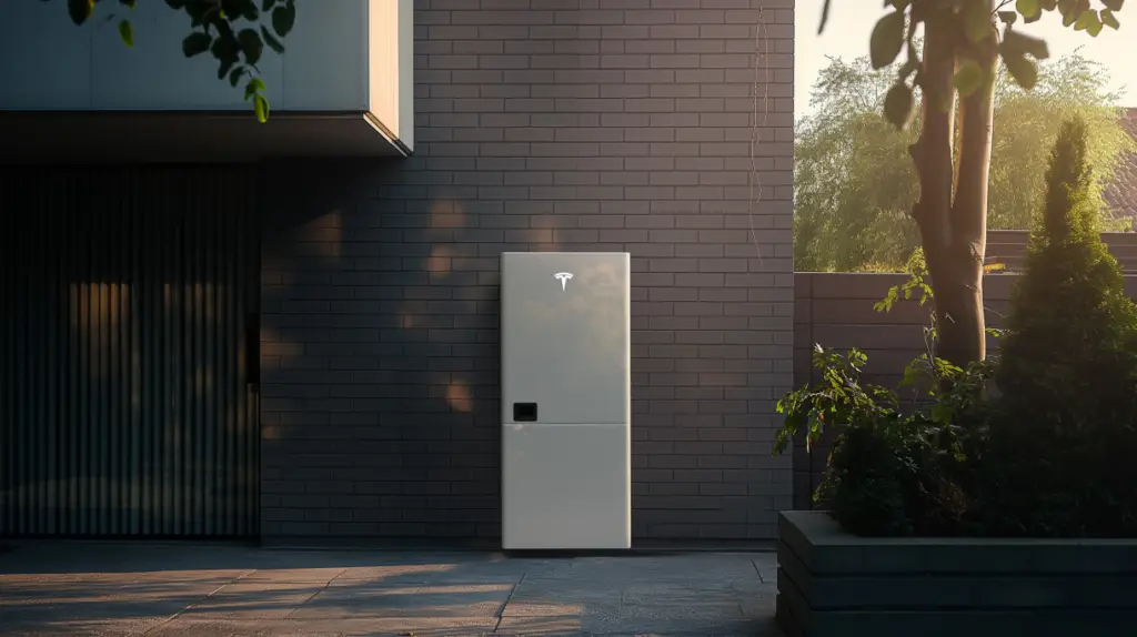 Ett elegant Tesla Powerwall solcellsbatteri monterat på en yttre grå tegelvägg utanför ett modernt hus, omgivet av grönska och badat i mjukt solljus.