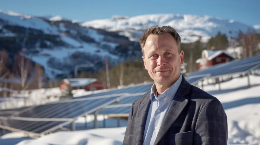 En man i kostym står utomhus framför solceller och snötäckta berg under en klarblå himmel. Röda byggnader och tallar syns i bakgrunden, vilket framhäver potentiella att sälja el till bästa pris.