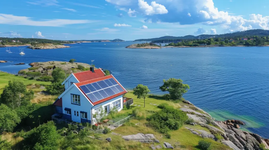 Ett vitt hus med solceller på sitt röda tak ligger på en gräsbevuxen kustlinje, med utsikt över en blå sjö prickad av klippöar och segelbåtar under en delvis molnig himmel – perfekt för att samla in verkliga siffror på produktion per månad.