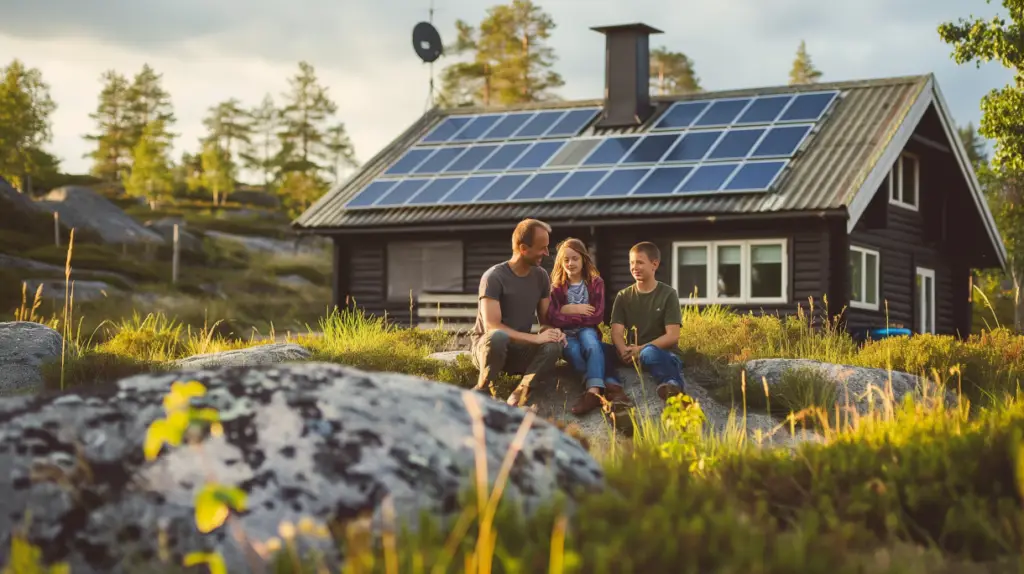En familj på fyra sitter på en gräsyta med stenar framför ett mörkt trähus med solenergipaneler på taket, omgiven av träd och badad i varmt solljus.