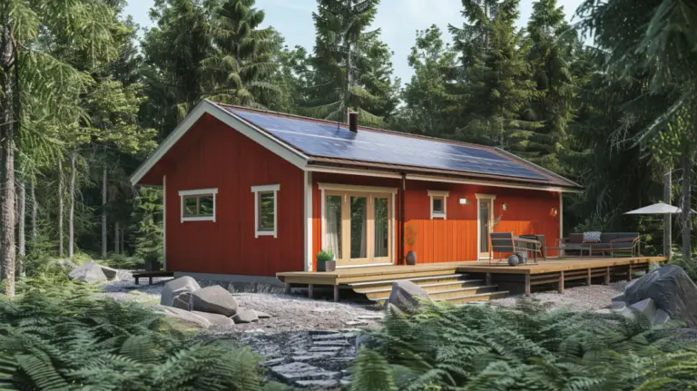 En liten röd trästuga med solpaneler på taket ligger inbäddad bland höga gröna träd. Stugan, med ett automatiskt utkast-system, har en veranda med uteservering och är omgiven av stenar, ormbunkar och ett däck med ett paraply.
