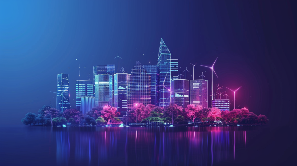 En futuristisk stadssiluett med lysande neonbyggnader, vindkraftverk och färgglatt upplysta träd - som i visionen av det bästa elbolaget - speglas på lugnt vatten under en mörkblå och lila himmel.