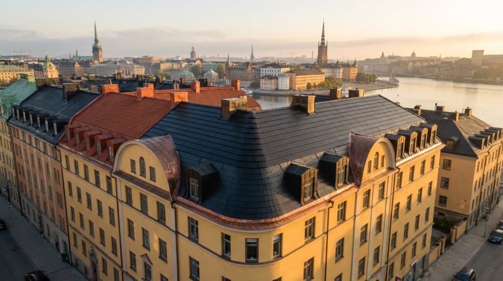 Flygfoto över gula historiska byggnader med mörka tak-taket-på ett hörn i Stockholm vid soluppgången, med kyrktorn och vatten i bakgrunden, som visar en av Stockholms dolda guldgruvor.