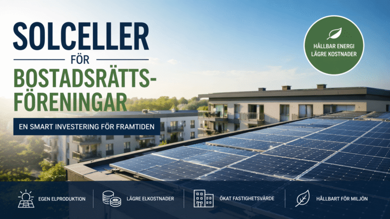 Solcellstak på ett flerbostadshus med text på svenska som marknadsför solenergi för bostadsrättsföreningar och lyfter fram fördelar som egen elproduktion, lägre kostnader och en trygg satsning för miljömässig hållbarhet.