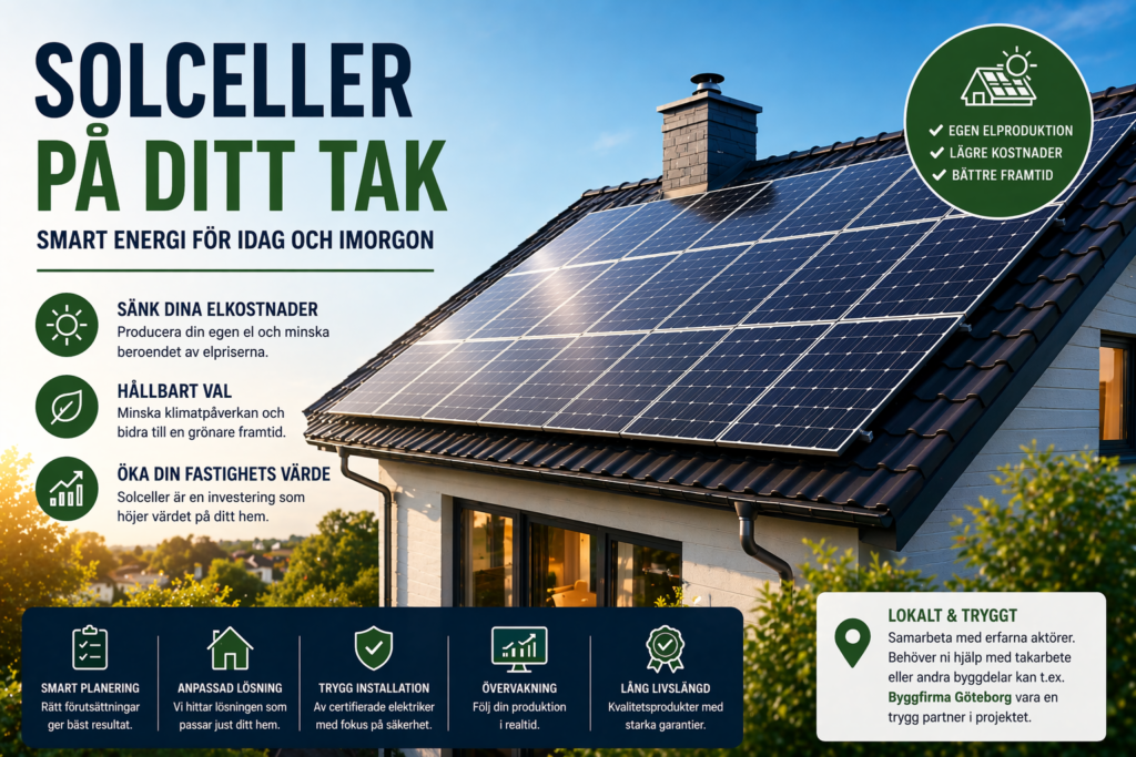 Ett hus med solcellstak under en blå himmel. Informationsgrafiken lyfter fram fördelarna med en solcellslösning, bland annat kostnadsbesparingar, hållbarhet och ökat fastighetsvärde. Texten är på svenska.